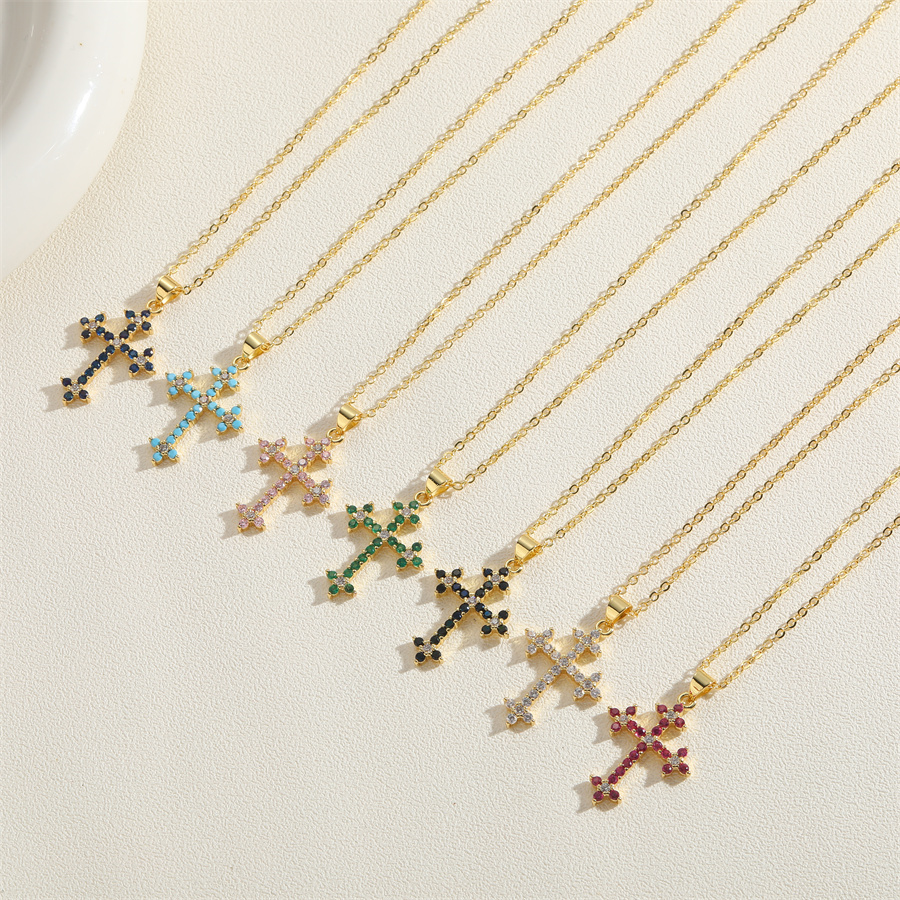 Streetwear Cross Copper Plating Inlay Zircon 14k Gold Plated Pendant Necklace display picture 11