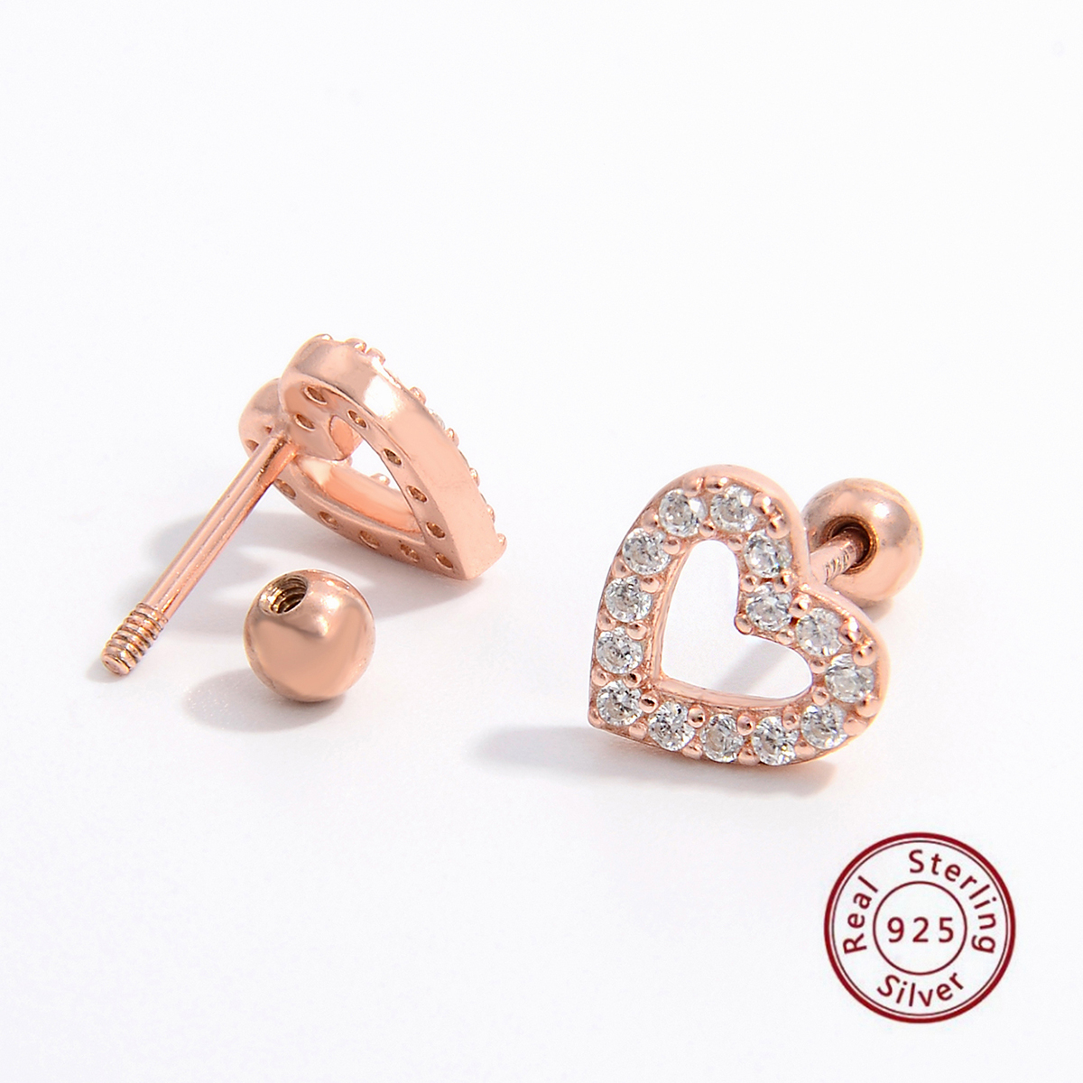 1 Pair Sweet Heart Shape Plating Hollow Out Inlay Sterling Silver Zircon 14k Gold Plated Rose Gold Plated White Gold Plated Ear Studs display picture 5