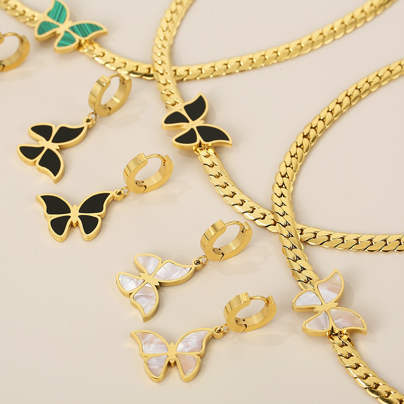 Stainless Steel Titanium Steel 18K Gold Plated Retro Enamel Butterfly Earrings Necklace display picture 3