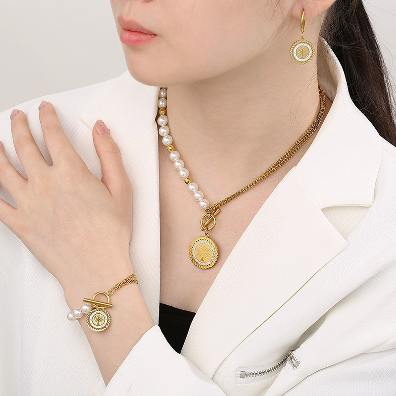 Acero Titanio Chapados en oro de 18k Elegante Señora Enchapado Árbol Aretes Collar display picture 1