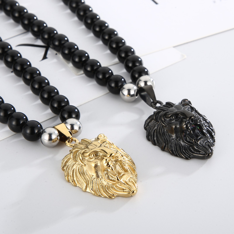 Retro Lion Titanium Steel Beaded 18K Gold Plated Men's Pendant Necklace display picture 8