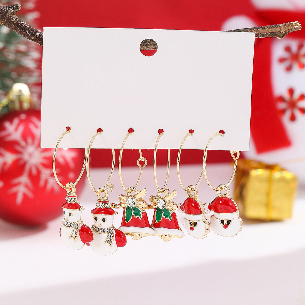 3 Pairs Simple Style Classic Style Santa Claus Bell Snowman Enamel Plating Inlay Alloy Rhinestones Gold Plated Hoop Earrings display picture 1