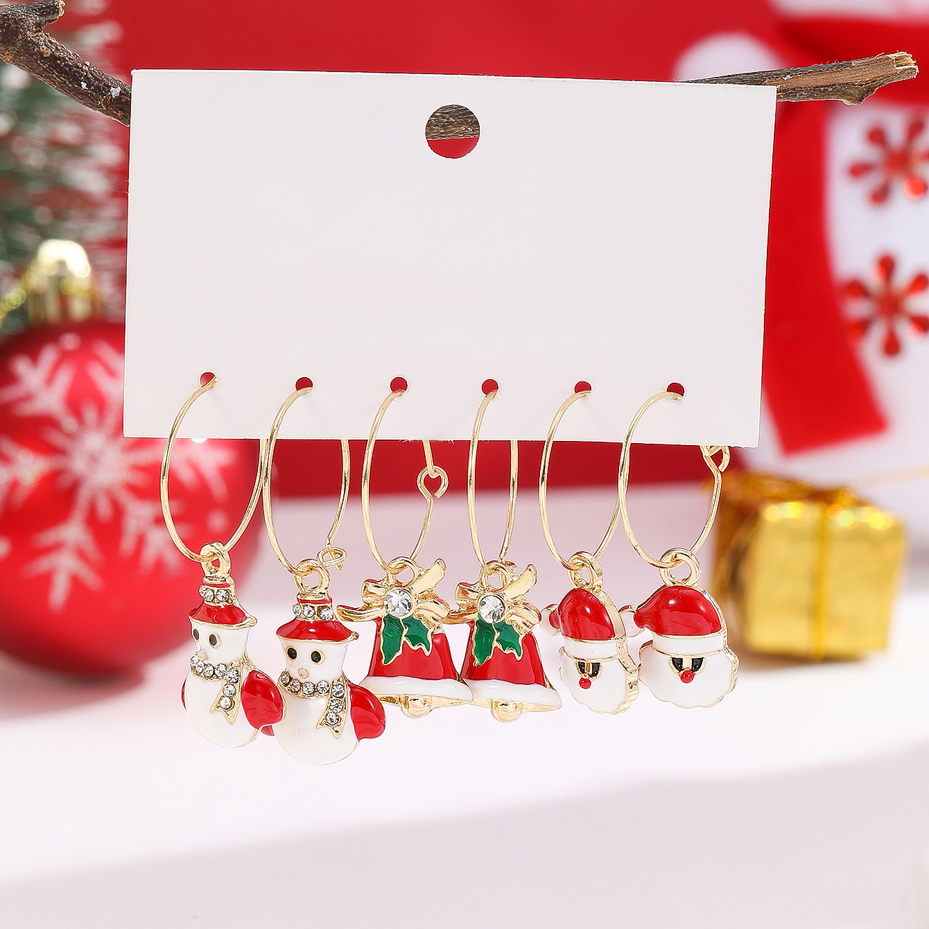3 Pairs Simple Style Classic Style Santa Claus Bell Snowman Enamel Plating Inlay Alloy Rhinestones Gold Plated Hoop Earrings display picture 3