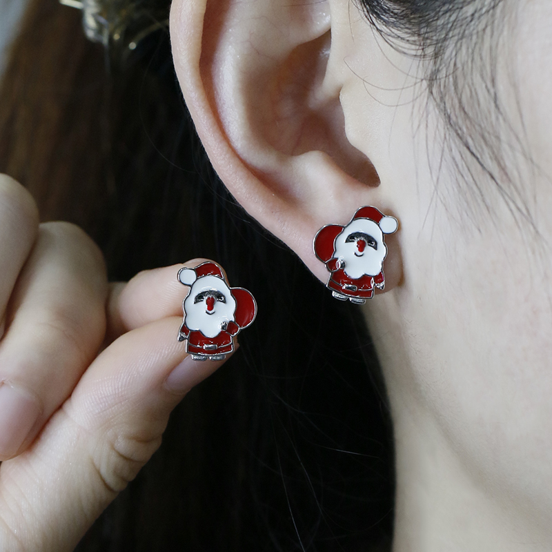 1 Pair Cute Christmas Santa Claus Epoxy Sterling Silver White Gold Plated Ear Studs display picture 1