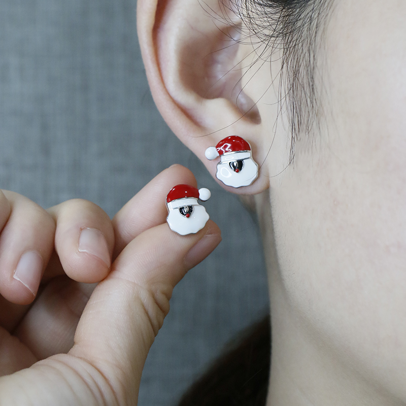 1 Pair Cute Christmas Santa Claus Epoxy Sterling Silver White Gold Plated Ear Studs display picture 2