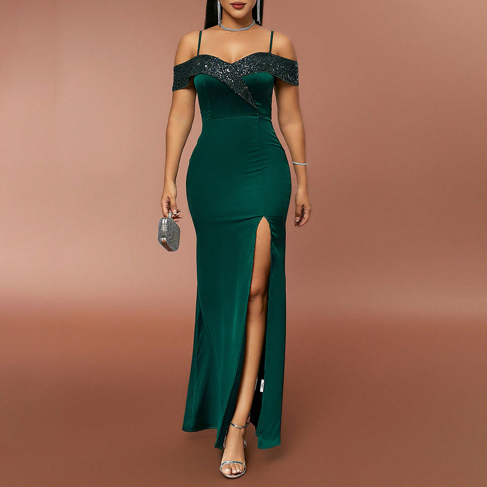 Party Dress Simple Style Strap Sequins Slit Sleeveless Solid Color Maxi Long Dress Party display picture 3