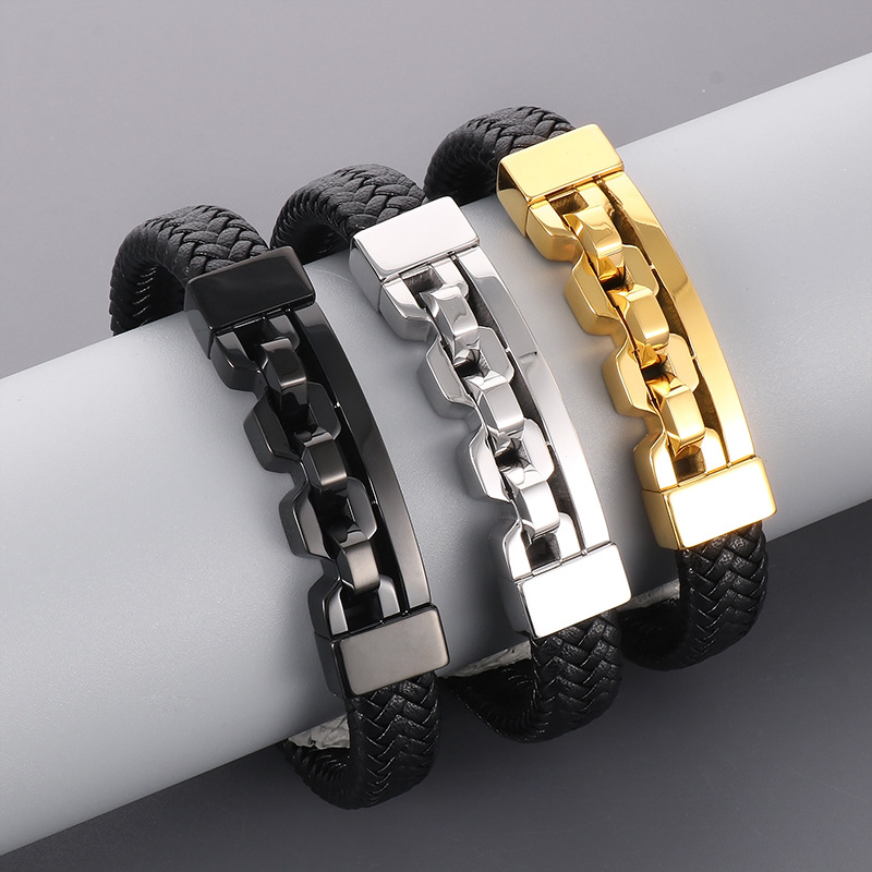 Vintage Style Color Block Cowhide Titanium Steel Plating 18K Gold Plated Men's Bangle display picture 1