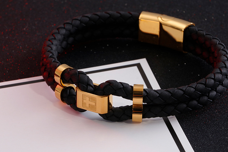 Simple Style Commute Color Block Stainless Steel Pu Leather Braid 18K Gold Plated Women's Bracelets display picture 3