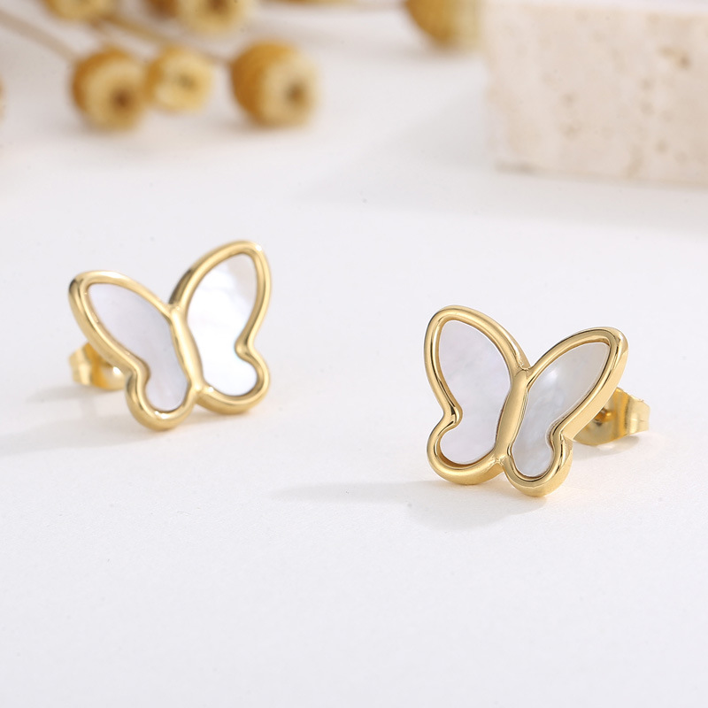 Titanium Steel 18K Gold Plated Simple Style Inlay Butterfly Opal Earrings Necklace display picture 4