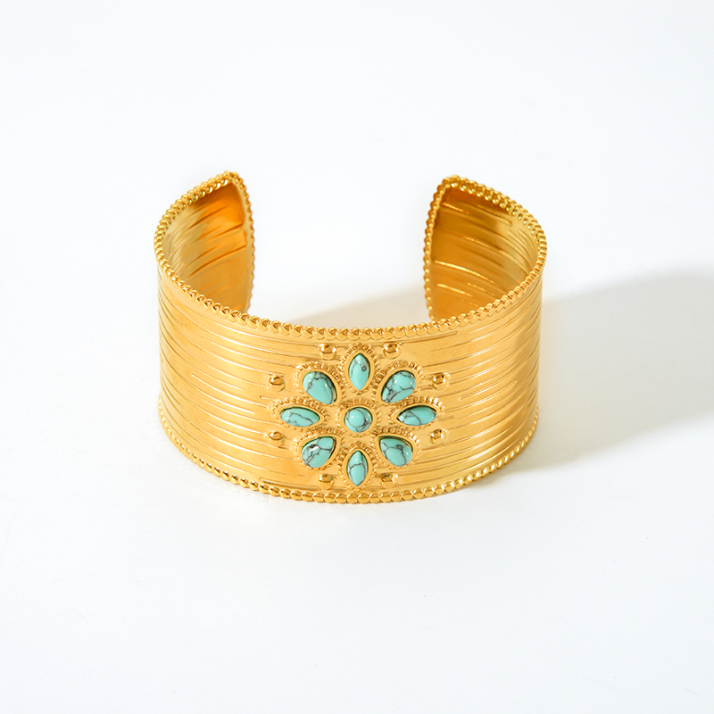 Nordic Style Vintage Style Flower 201 Stainless Steel 18K Gold Plated Natural Stone Bangle In Bulk display picture 9