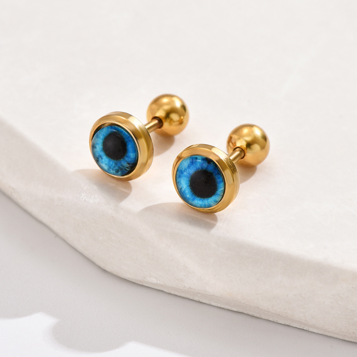 1 Pair Casual Simple Style Commute Round Inlay 201 Stainless Steel Artificial Gemstones Turquoise 18K Gold Plated Ear Studs display picture 2