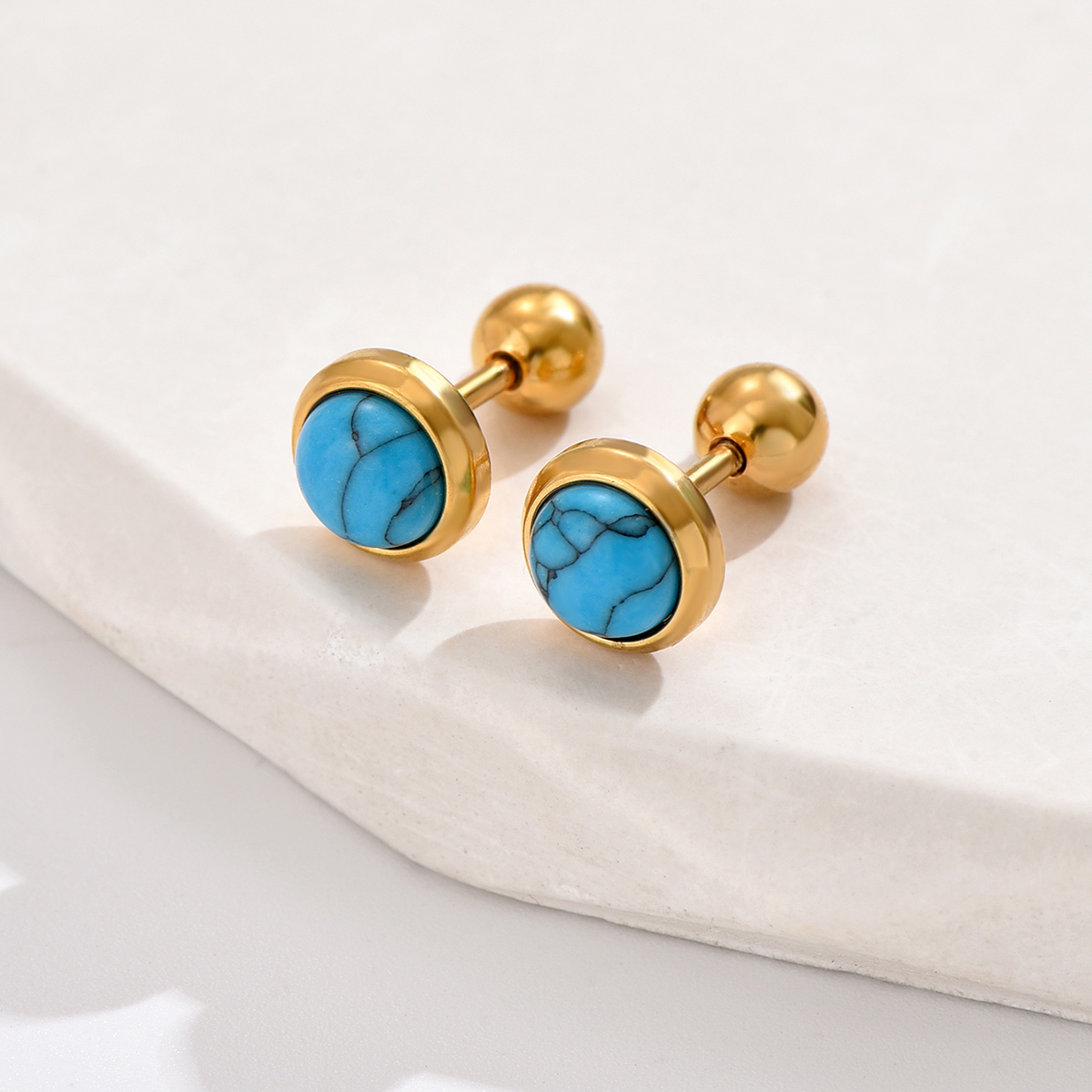 1 Pair Casual Simple Style Commute Round Inlay 201 Stainless Steel Artificial Gemstones Turquoise 18K Gold Plated Ear Studs display picture 4