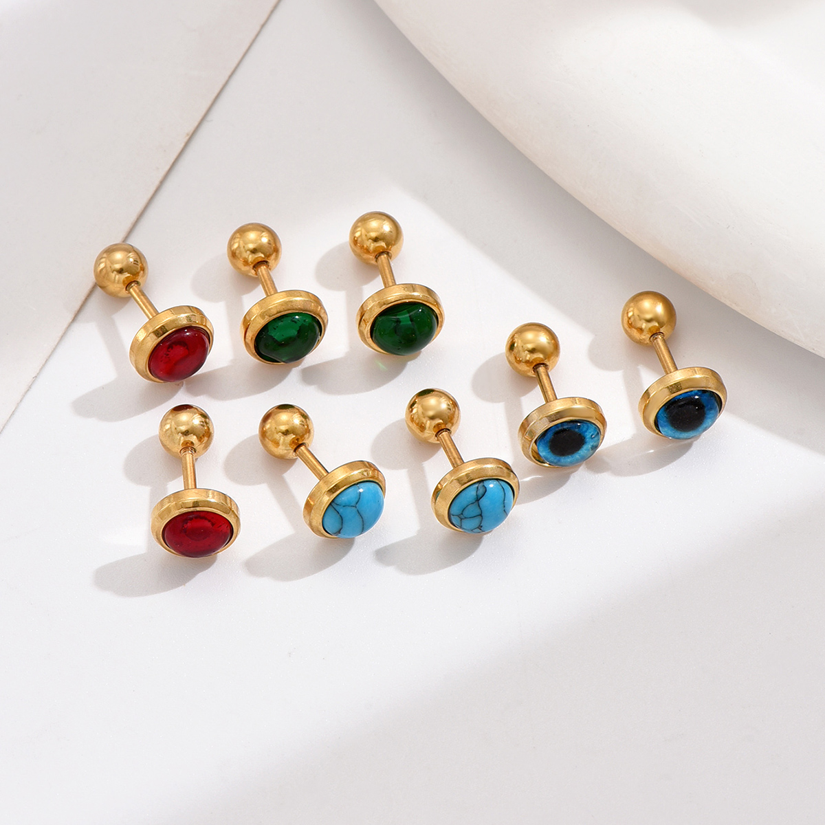 1 Pair Casual Simple Style Commute Round Inlay 201 Stainless Steel Artificial Gemstones Turquoise 18K Gold Plated Ear Studs display picture 5