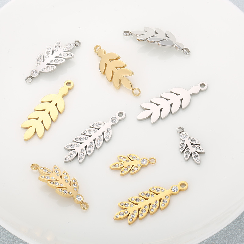 1 Piece Stainless Steel Rhinestones 18K Gold Plated Leaves display picture 1