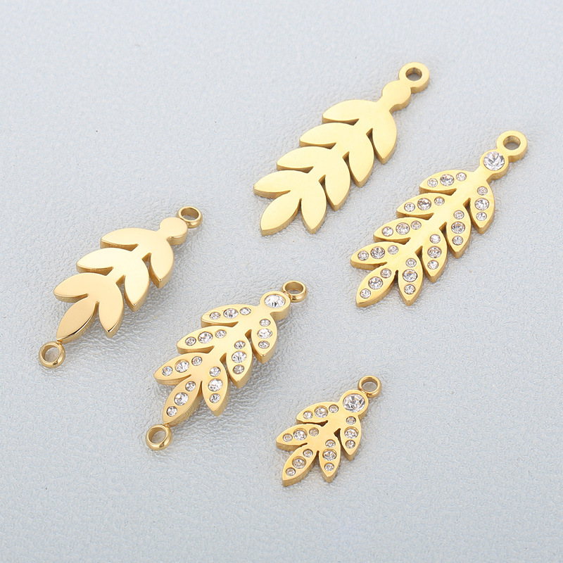 1 Piece Stainless Steel Rhinestones 18K Gold Plated Leaves display picture 2
