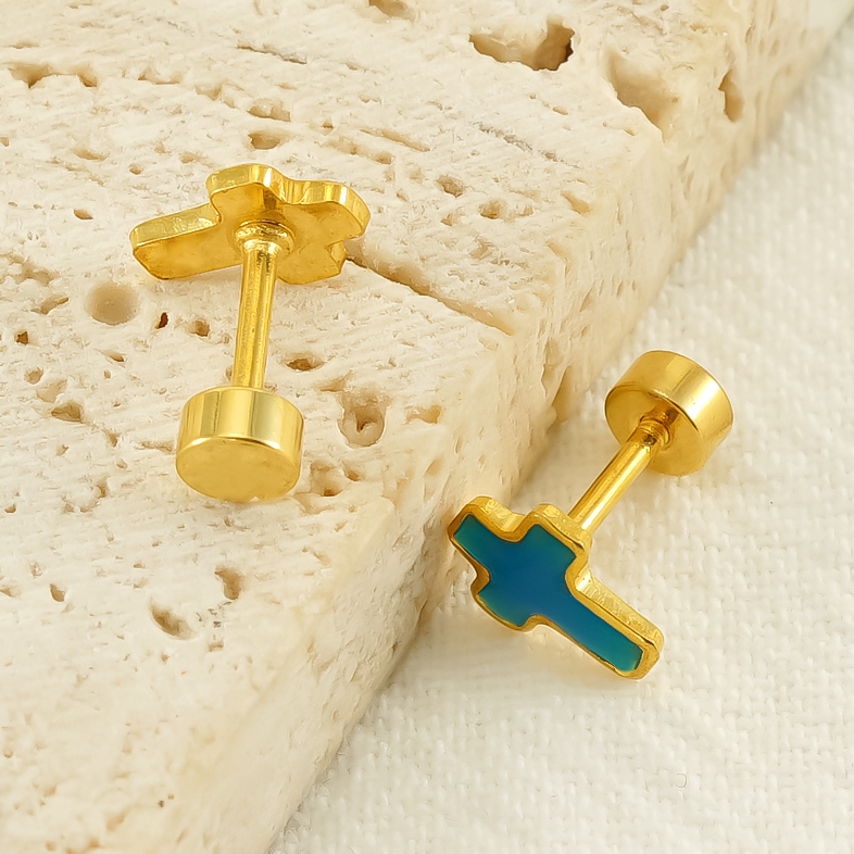 1 Pair Simple Style Cross Polishing Plating Stainless Steel 18K Gold Plated Ear Studs display picture 3