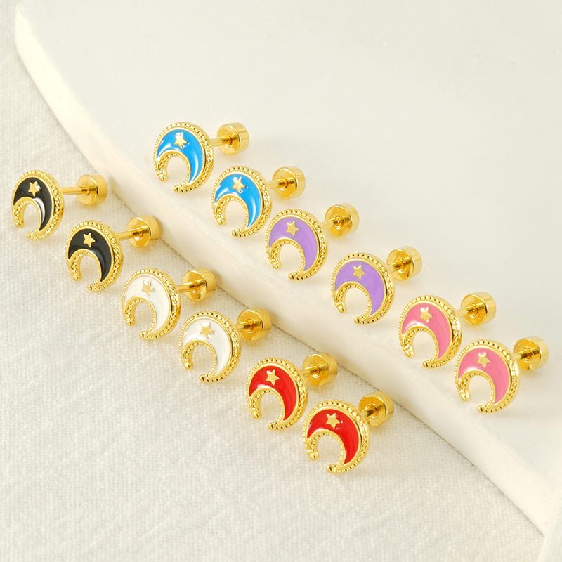 1 Pair Simple Style Star Moon Polishing Plating Stainless Steel Titanium Steel 18K Gold Plated Ear Studs display picture 3