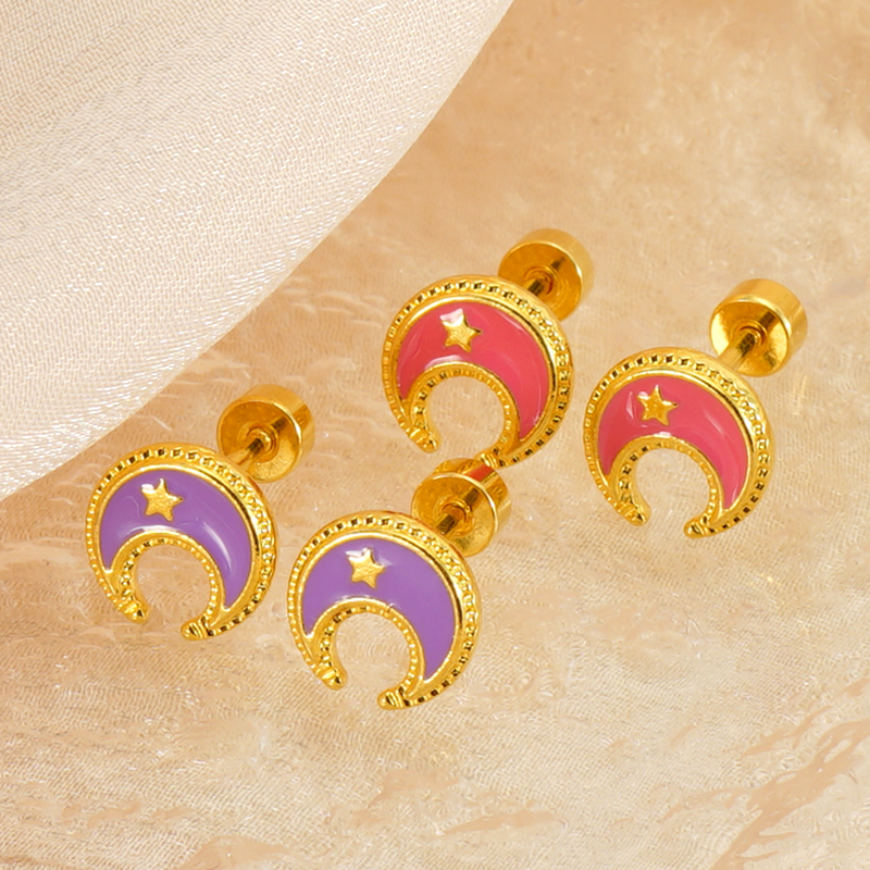 1 Pair Simple Style Star Moon Polishing Plating Stainless Steel Titanium Steel 18K Gold Plated Ear Studs display picture 5