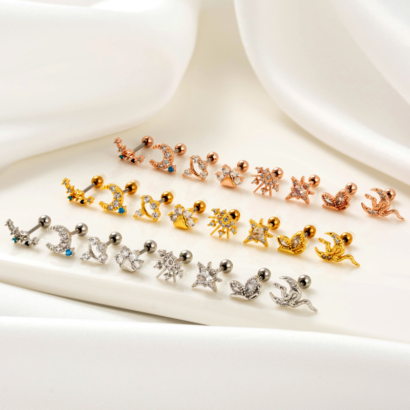 1 Piece Ear Cartilage Rings & Studs Simple Style Classic Style Star Moon Butterfly 316 Stainless Steel  Copper Plating Inlay Zircon display picture 3