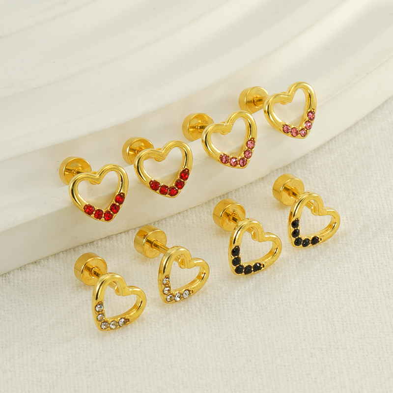 1 Pair Simple Style Heart Shape Polishing Plating Inlay Stainless Steel Rhinestones Zircon 18K Gold Plated Ear Studs display picture 3