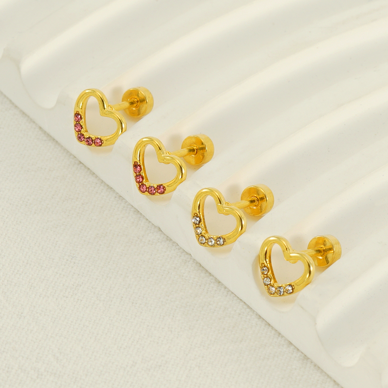 1 Pair Simple Style Heart Shape Polishing Plating Inlay Stainless Steel Rhinestones Zircon 18K Gold Plated Ear Studs display picture 2