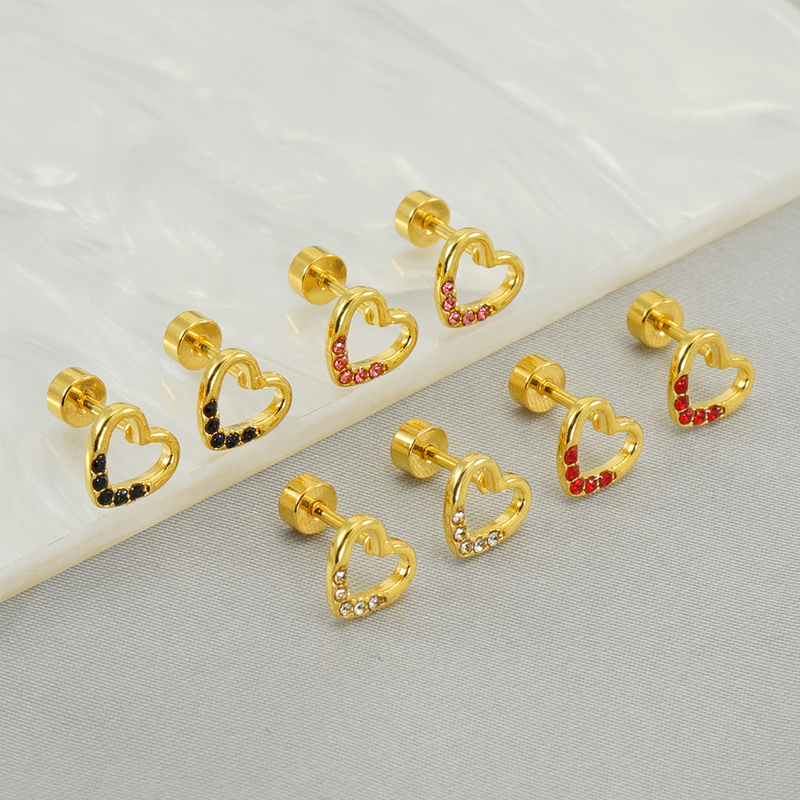 1 Pair Simple Style Heart Shape Polishing Plating Inlay Stainless Steel Rhinestones Zircon 18K Gold Plated Ear Studs display picture 7