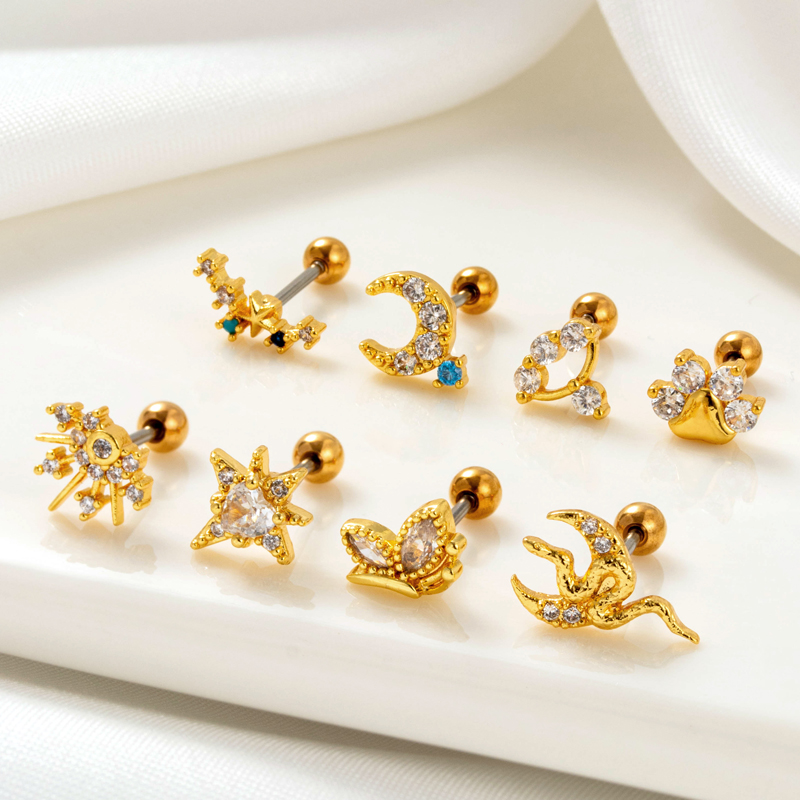 1 Piece Ear Cartilage Rings & Studs Simple Style Classic Style Star Moon Butterfly 316 Stainless Steel  Copper Plating Inlay Zircon display picture 6