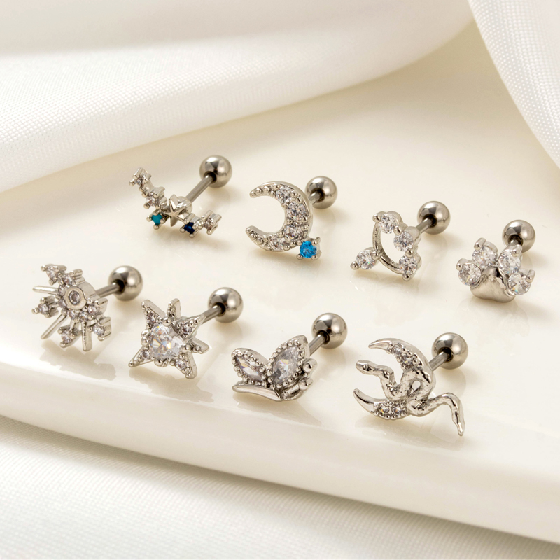 1 Piece Ear Cartilage Rings & Studs Simple Style Classic Style Star Moon Butterfly 316 Stainless Steel  Copper Plating Inlay Zircon display picture 4