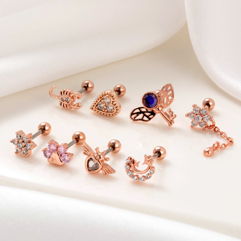 1 Piece Ear Cartilage Rings & Studs Simple Style Classic Style Heart Shape Wings Flower 316 Stainless Steel  Copper Plating Inlay Zircon display picture 7