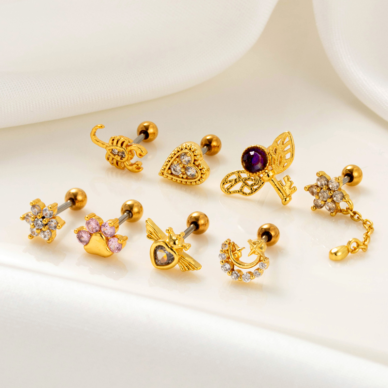 1 Piece Ear Cartilage Rings & Studs Simple Style Classic Style Heart Shape Wings Flower 316 Stainless Steel  Copper Plating Inlay Zircon display picture 6