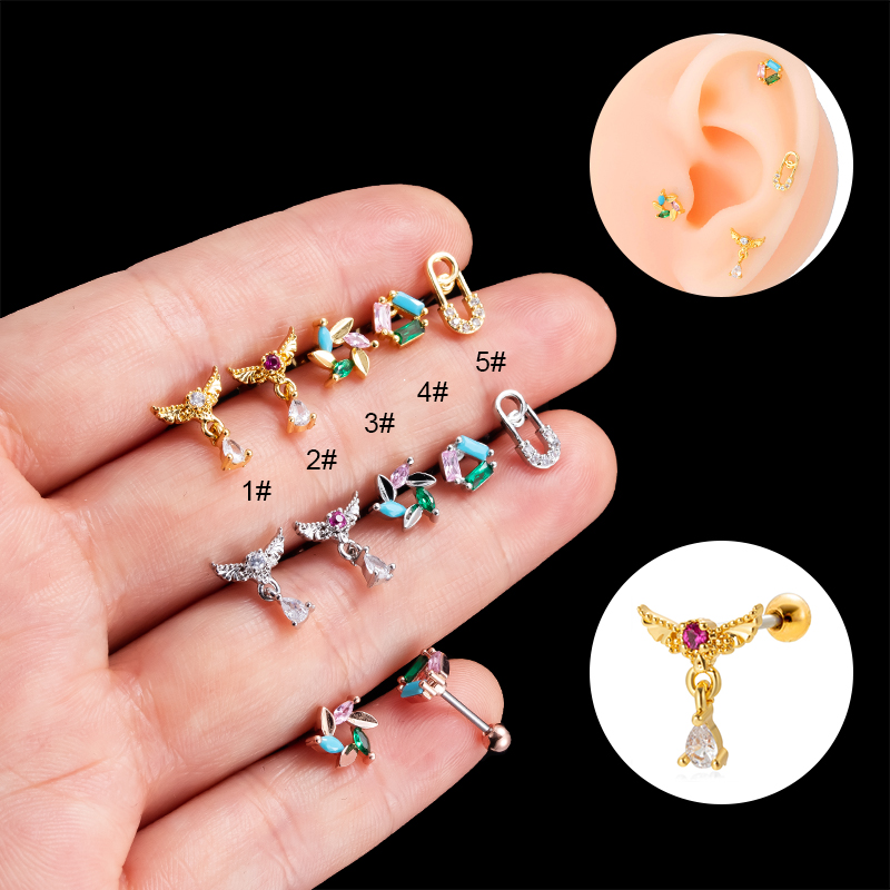 1 Piece Ear Cartilage Rings & Studs Simple Style Classic Style Heart Shape Wings Flower 316 Stainless Steel  Copper Plating Inlay Zircon display picture 2
