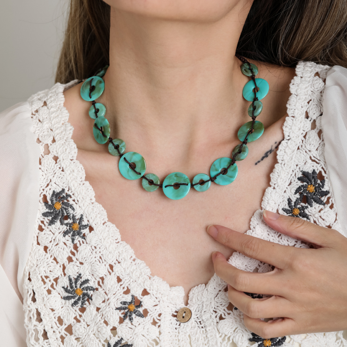 Rétro Style Ethnique Rond Turquoise Fait Main Femmes Bracelets Collier display picture 2