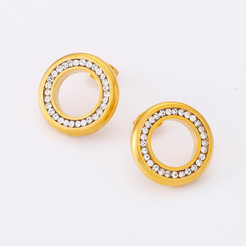 1 Pair Simple Style Round Inlay Stainless Steel Rhinestones 18K Gold Plated Ear Studs display picture 1