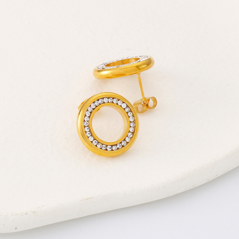 1 Pair Simple Style Round Inlay Stainless Steel Rhinestones 18K Gold Plated Ear Studs display picture 3