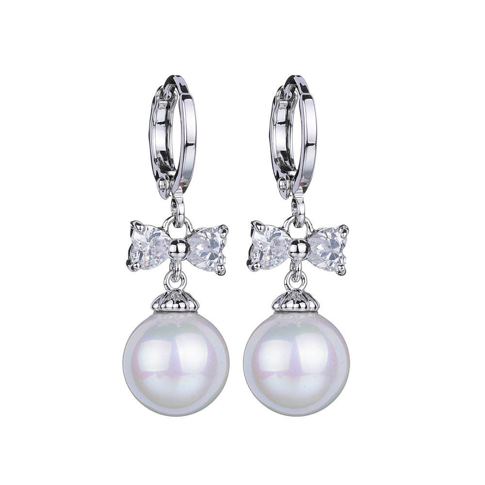 1 Pair Elegant Cute Simple Style Round Bow Knot Polishing Plating Inlay Copper Copper Alloy Artificial Pearls Zircon White Gold Plated Drop Earrings display picture 4