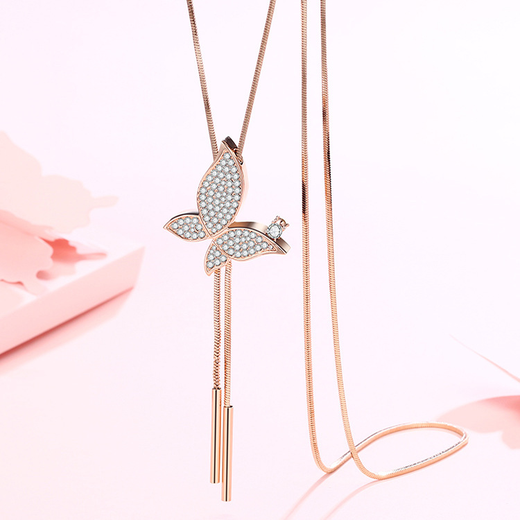 Simple Style Butterfly Alloy Copper Inlay Glass Women's Sweater Chain Long Necklace display picture 7