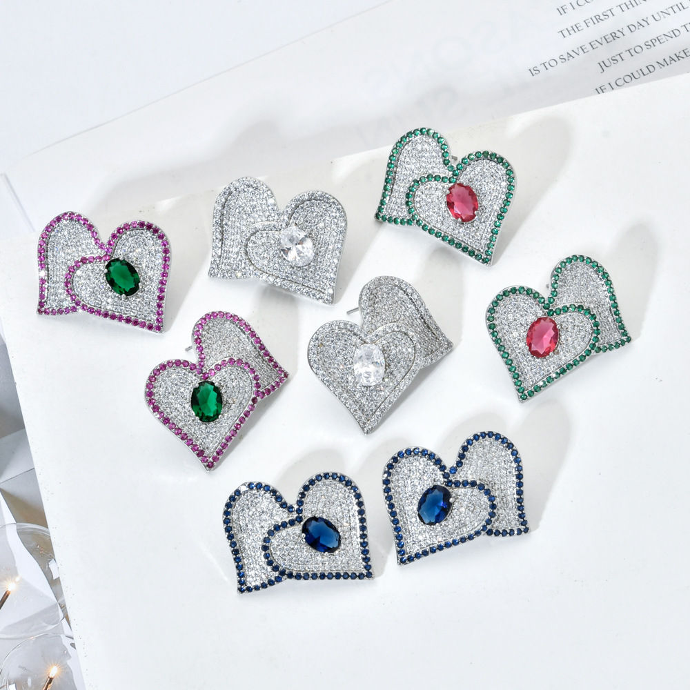 1 Pair Sweet Heart Shape Plating Inlay Copper Zircon White Gold Plated Ear Studs display picture 3