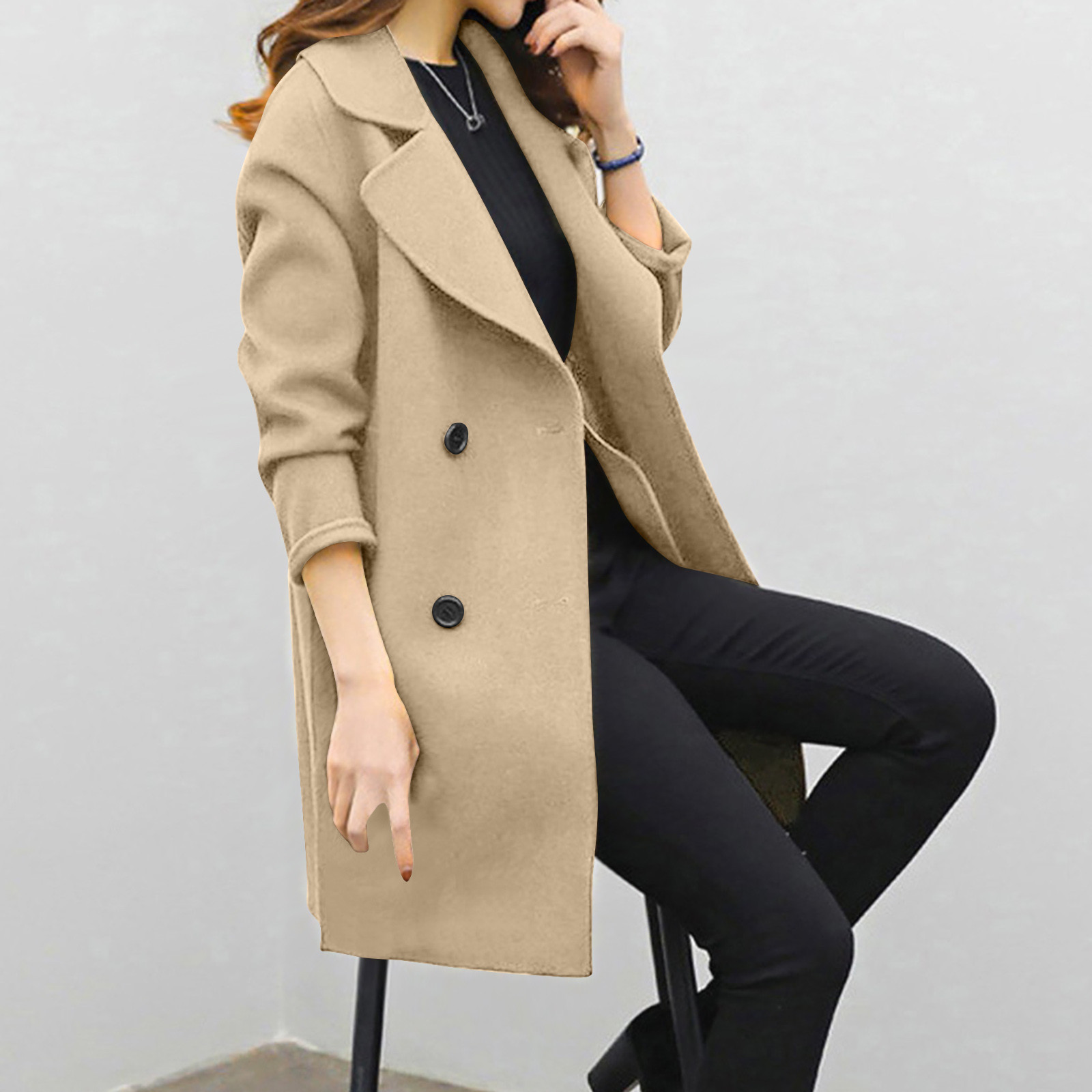 Foreign Trade Explosion 2022 Autumn And Winter New Coat Woolen Coat Women's Mid-length Cocoon Shaped Double Breasted Woolen Loose Slimming display picture 32