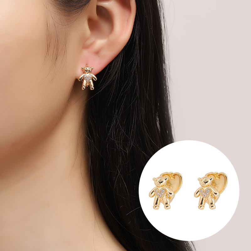 1 Pair Simple Style Bear Plating Inlay Alloy Zircon Ear Studs display picture 2