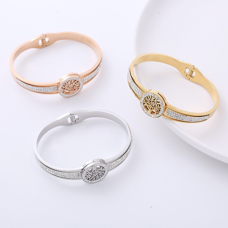 Classic Style Life Tree Stainless Steel Artificial Rhinestones Bangle In Bulk display picture 2