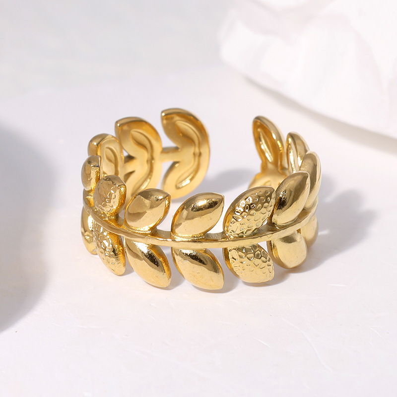 304 Stainless Steel 18K Gold Plated Sweet Plating Leaf Open Rings display picture 4