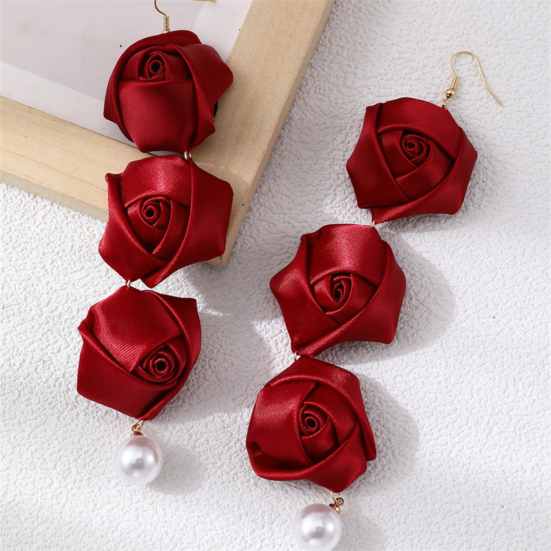 1 Pair Romantic Rose Alloy Cloth Drop Earrings display picture 11