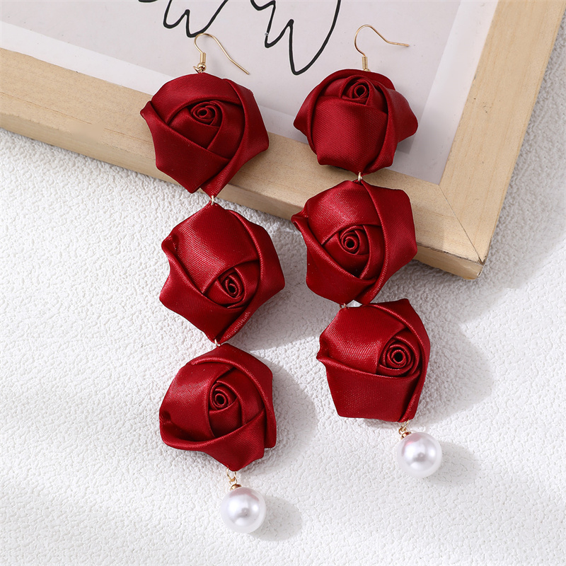 1 Pair Romantic Rose Alloy Cloth Drop Earrings display picture 9