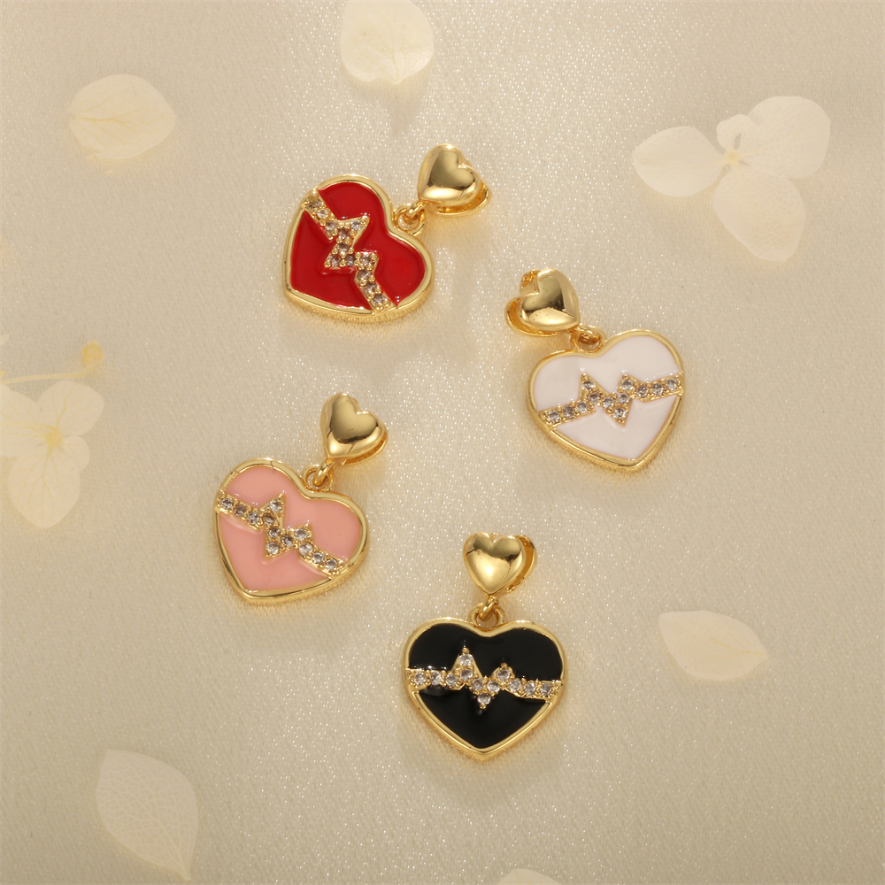 Simple Style Heart Shape Copper Enamel Inlay Zircon 18k Gold Plated Valentine's Day Charms display picture 3