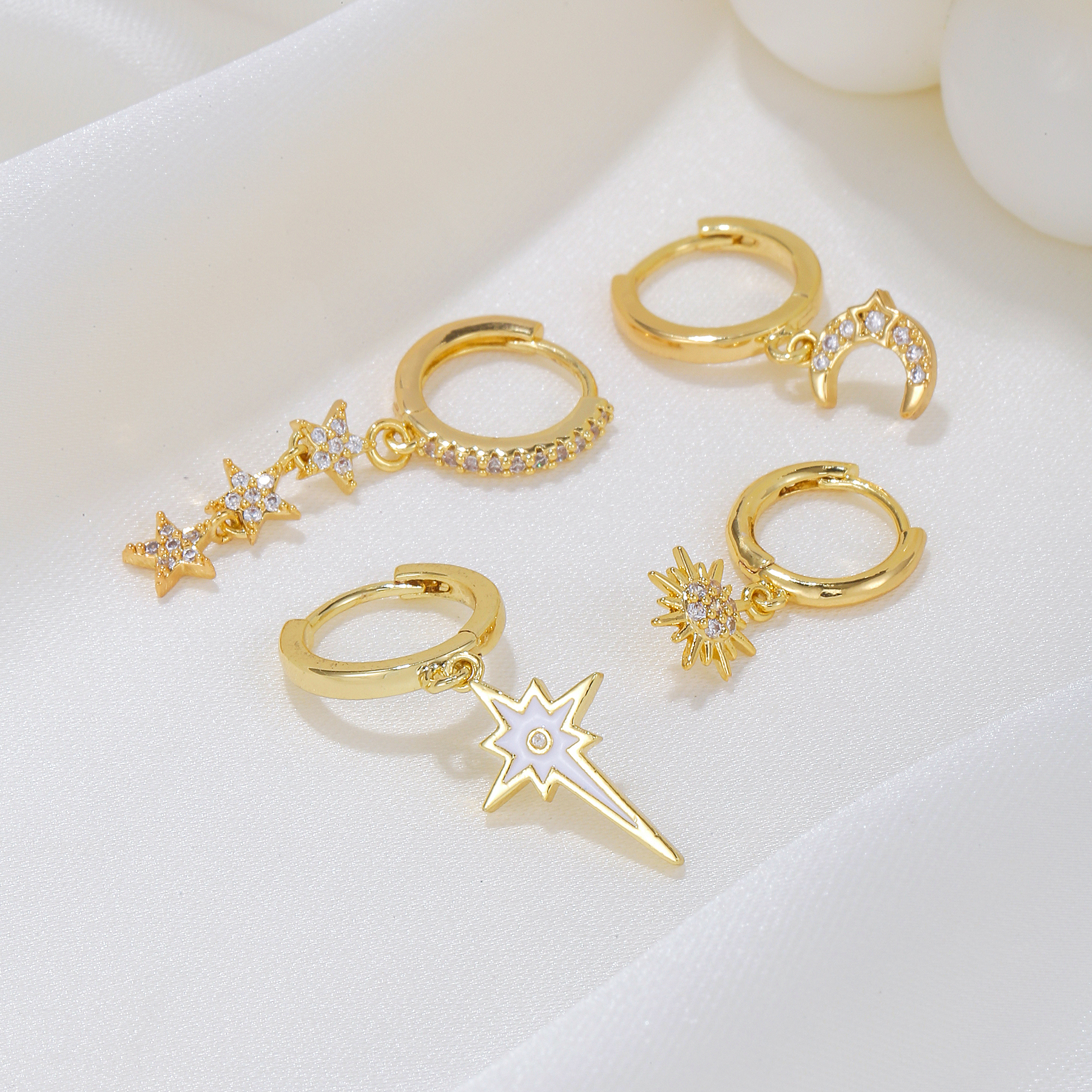 1 Set Cute Sweet Star Moon Plating Inlay Brass Zircon 18k Gold Plated Silver Plated Drop Earrings display picture 4