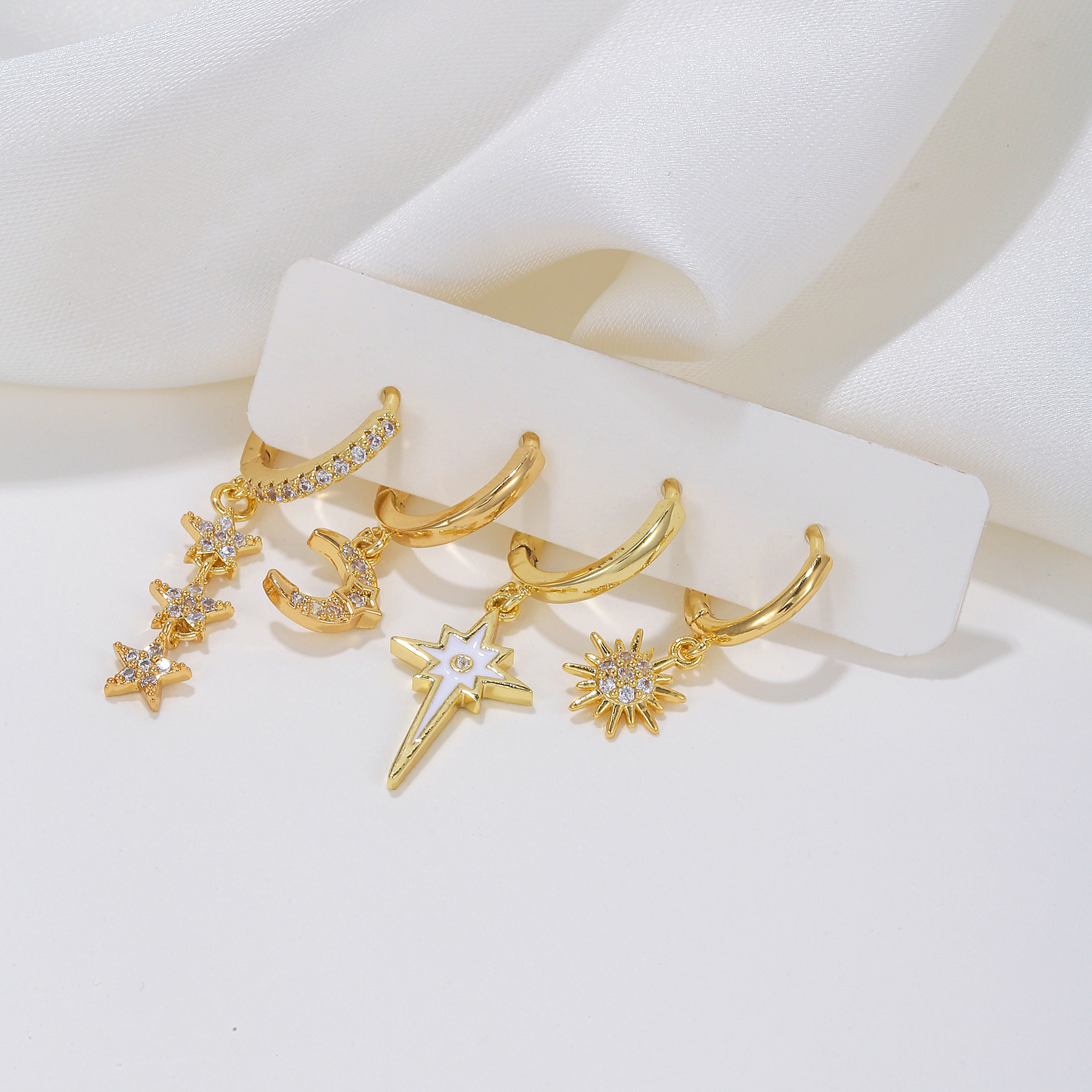 1 Set Cute Sweet Star Moon Plating Inlay Brass Zircon 18k Gold Plated Silver Plated Drop Earrings display picture 3