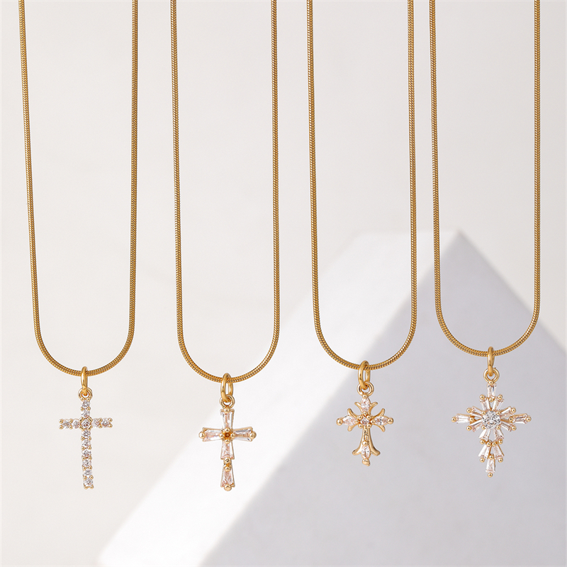 Wholesale IG Style Simple Style Cross 304 Stainless Steel Copper Plating Inlay K Gold Plated Rhodium Plated Zircon Necklace display picture 1