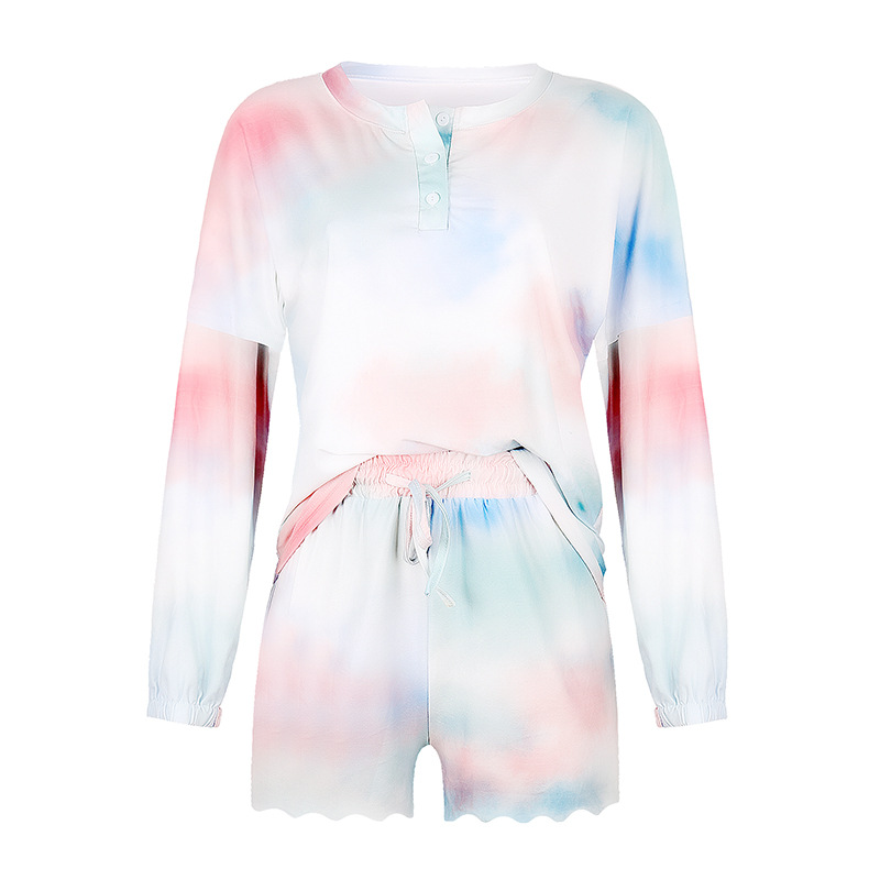 Home Women's Casual Tie Dye Polyester Printing Patchwork Contrast Binding Pajama Sets display picture 13