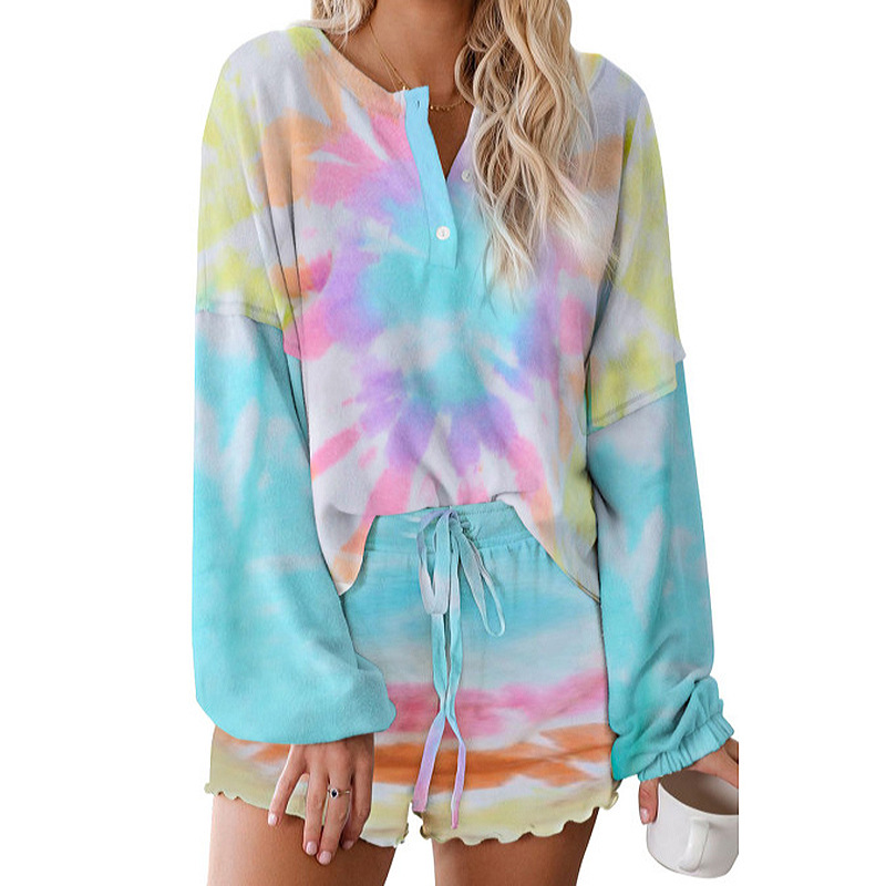 Home Women's Casual Tie Dye Polyester Printing Patchwork Contrast Binding Pajama Sets display picture 25