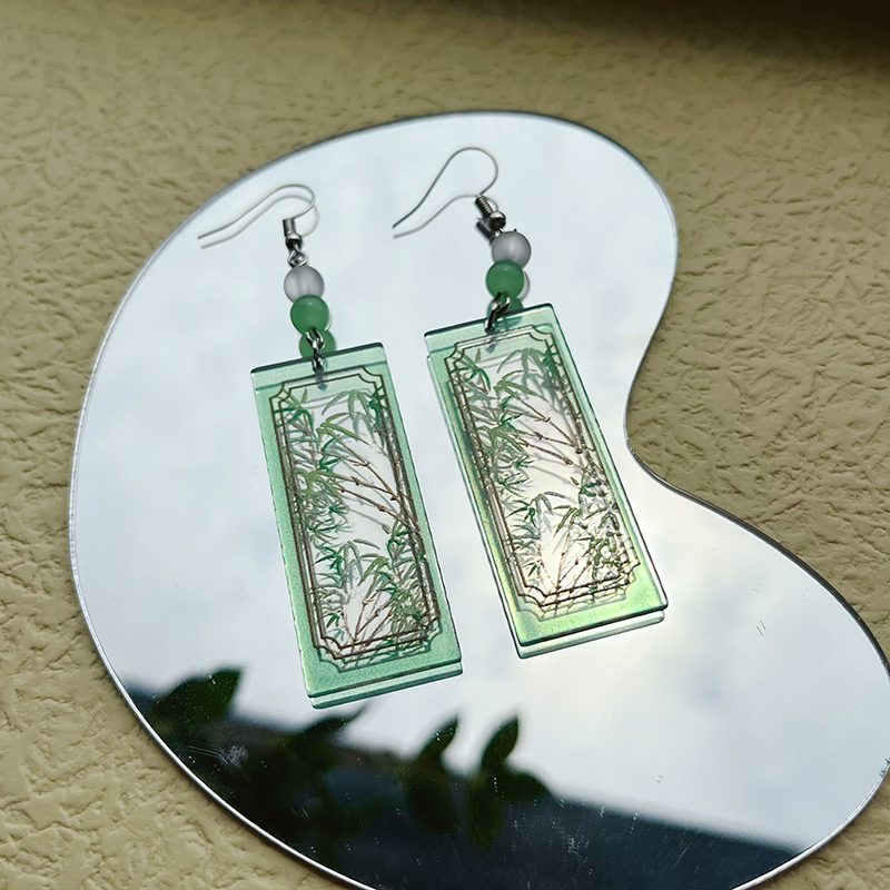 1 Pair Simple Style Commute Bamboo Flower Printing Polishing Arylic Silver Plated Drop Earrings display picture 5